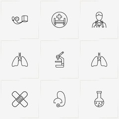 Medicine line icon set with patch , stethoscope  and hospital bed