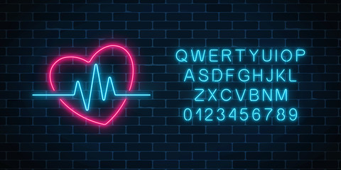 Glowing neon medicine concept sign with cardiogram graph in heart shape and alphabet. Drugstore advertising signboard.