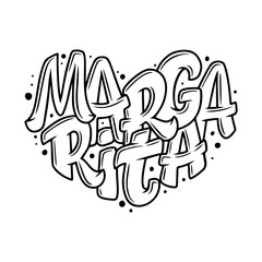 Cocktail name, lettering in heart - Margarita. Hand drawn illustration in bubble style. Template for poster, banner, print.
