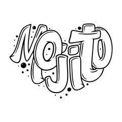 Cocktail name, lettering in heart - Mojito. Hand drawn illustration in bubble style. Template for poster, banner, print.