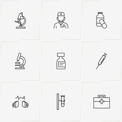 Medicine line icon set with pills, doctor  and medical kit
