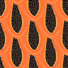 Fototapeta premium Seamless pattern with tropical fruits. Healthy dessert. Fruity background. Carica papaya. Exotic food. Wrapping paper, print on clothes, wallpaper, summer banner. Vector illustration, eps10