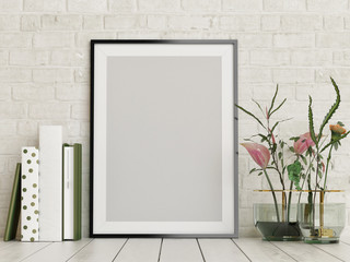 Mock up poster, empty frame with flowers and books decor, 3d render, 3d illustration