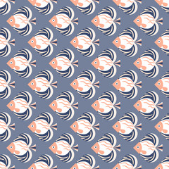 Fish pink and blue sea life seamless pattern.