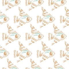 Fish embroidery white pastels seamless pattern.