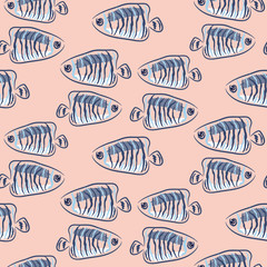 Fish pink and blue marine cute seamless pattern.