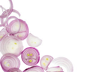 Ring of fresh red onion on white background top view space for text