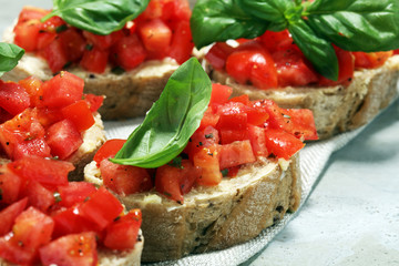 fresh tomato bruschetta. italian food appetizer with basil