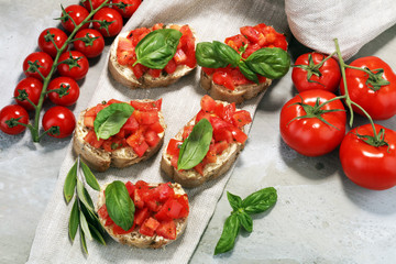 fresh tomato bruschetta. italian food appetizer with basil