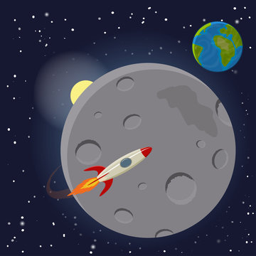 Moon, rocket and Earth. Vector Illustration
