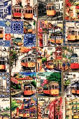 Obraz premium Fridge souvenir magnets imitating portuguese tiles with trams