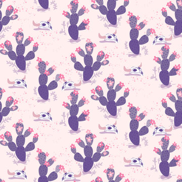 Purple vector seamless pattern with cacti and skulls in desert.