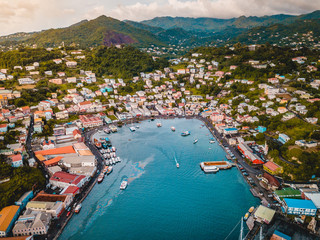 Tropical Caribbean City Port with boats and ships Grenada - obrazy, fototapety, plakaty