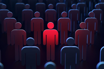 A person marked red between other people as a concept of danger. 3D rendering