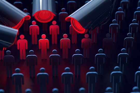 Cameras spying on citizens, copy space included. End of privacy concept. 3D rendering.