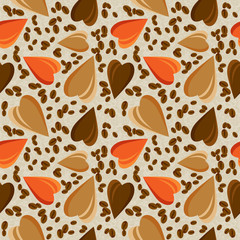Hearts and coffee beans on a light background. seamless texture . Fabric, menu, cafeteria.Vector illustration. Eps 10.