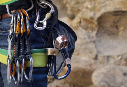 rock climbing carabiners on harness