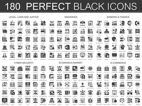 180 elegal, laws and justice, insurance, banking finance, cyber security, economics market, e-commerce classic black mini concept symbols. Vector modern icon pictogram illustrations set.