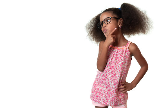 Cute african american small girl wearing glasses and thinking