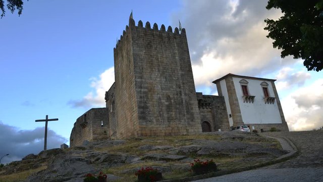 13th century Belmonte castle, Portugal. Birthplace of navigator, Pedro Alvares Cabral who discovered Brazil in 1500, Brazilian flag visible
