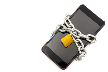 Smart phone with chain and padlock on white background. Security concept