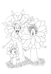 Coloring page for children with outline characters. Image isolated on white background. illustration of a family of singing flowers, with the drawn outline, to be colored.
