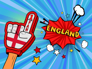 Male hand in the country flag glove of a sports fan raised up celebrating win and England speech bubble with stars and clouds. Colorful illustration in retro comic style