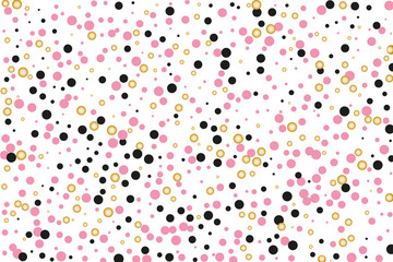 Background with Golden, black and pink glitter, confetti. Random Polka dots, circles, round. Bright festive, festival pattern