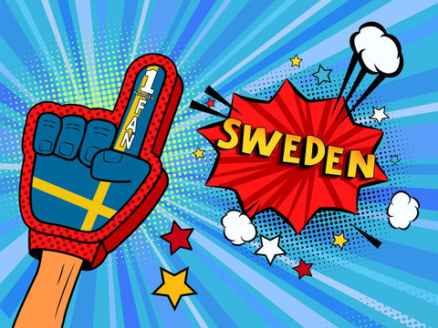 Male hand in the country flag glove of a sports fan raised up celebrating win and Sweden speech bubble with stars and clouds. Colorful illustration in retro comic style
