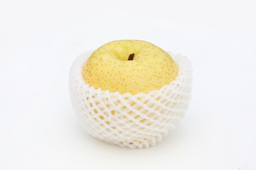 Chinese pear in bubble wrapped on white background.