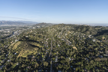 Aerial view of hillside homes along Laurel Canyon Blvd in the Studio City and Hollywood Hills area...