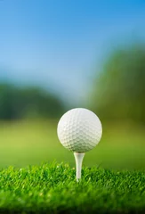 Foto op Canvas close-up van de golfbal op tee haringen klaar om te spelen op de groene achtergrond © lamyai