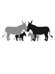 2 kinder baby kind kleines junges familie mama papa esel pferd pony klein packesel lange ohren bauernhof reiten reiter silhouette schwarz umriss