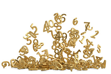 Gold numbers exploded isolated on white background. 3D illustration.