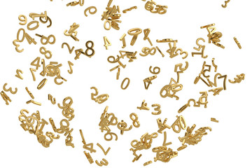 Gold numbers exploded isolated on white background. 3D illustration.