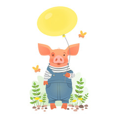 Cute pig holding balloon