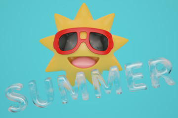 Cartoon sun and summer word on blue background 3D illustration.