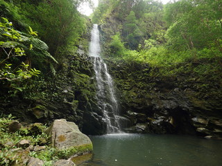 Tropical Hawaiian waterfall Koloa gulch falls panoramic view east Windward side of Oahu