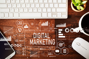 Digital Marketing with workstation on a wooden desk