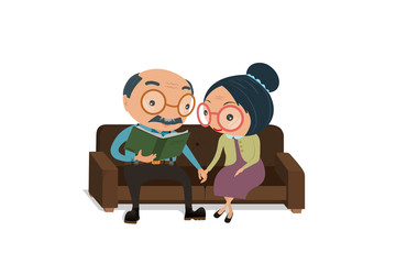 Lovely senior couple cartoon sitting on sofa reading a book at home isolated on white background, vector and illustration.