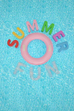 Inflatable ring and summer fun on blue water 3D illustration.