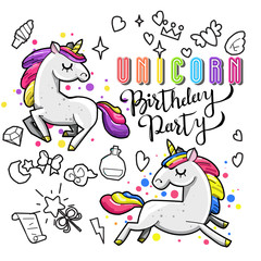 Cute unicorn collection with magic items, rainbow, fairy wings, crystals, clouds, potion. Hand drawn line style. Vector doodles illustrations.