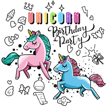 Cute unicorn collection with magic items, rainbow, fairy wings, crystals, clouds, potion. Hand drawn line style. Vector doodles illustrations.