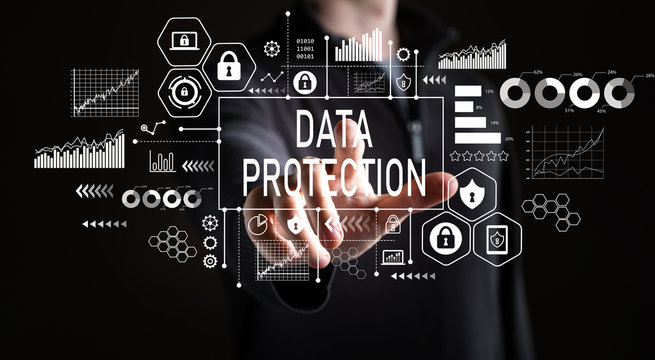 Data protection with businessman on a black background 