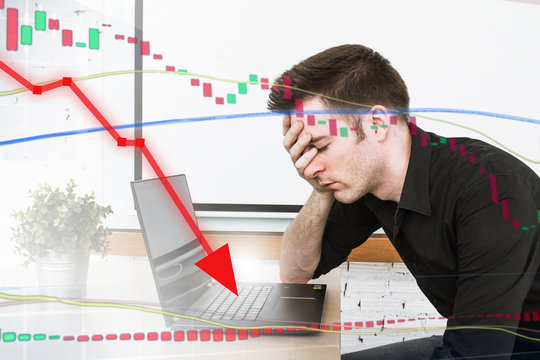 Stressful Bearish Market For Investors.  Red Line With Price Drop And Handsome Man In Home Office.