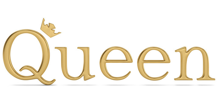 The gold word queen isolated on white background 3D illustration.