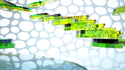 Abstract white and colored gradient glasses interior multilevel public space with window. 3D illustration and rendering.