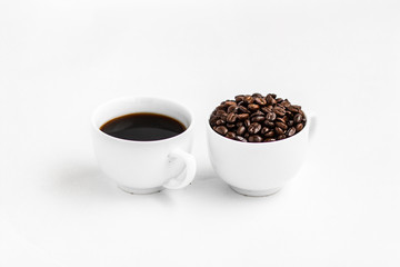 Coffee and coffee beans in white cups, white background