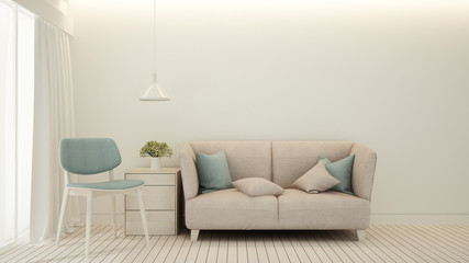 Pink sofa and light blue chair in Living room minimal design - Living room bright tone in house or apartment - Interior simple design - 3D Rendering