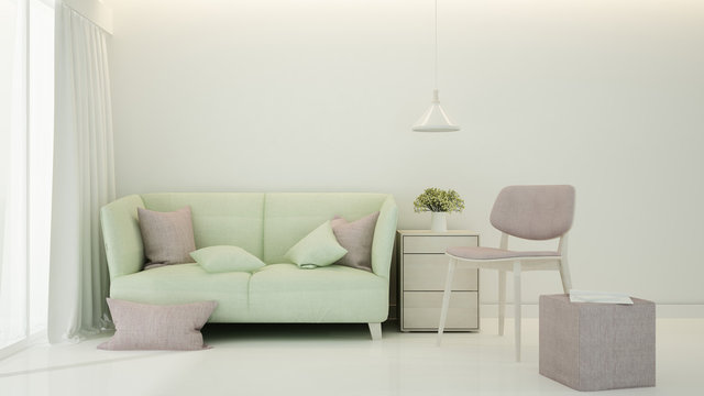 Lemon color sofa and pink chair in Living room minimal design - Living room bright tone in house or apartment - Interior simple design - 3D Rendering